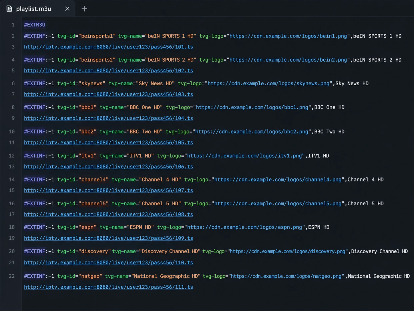 Example M3U playlist file showing EXTM3U and EXTINF lines