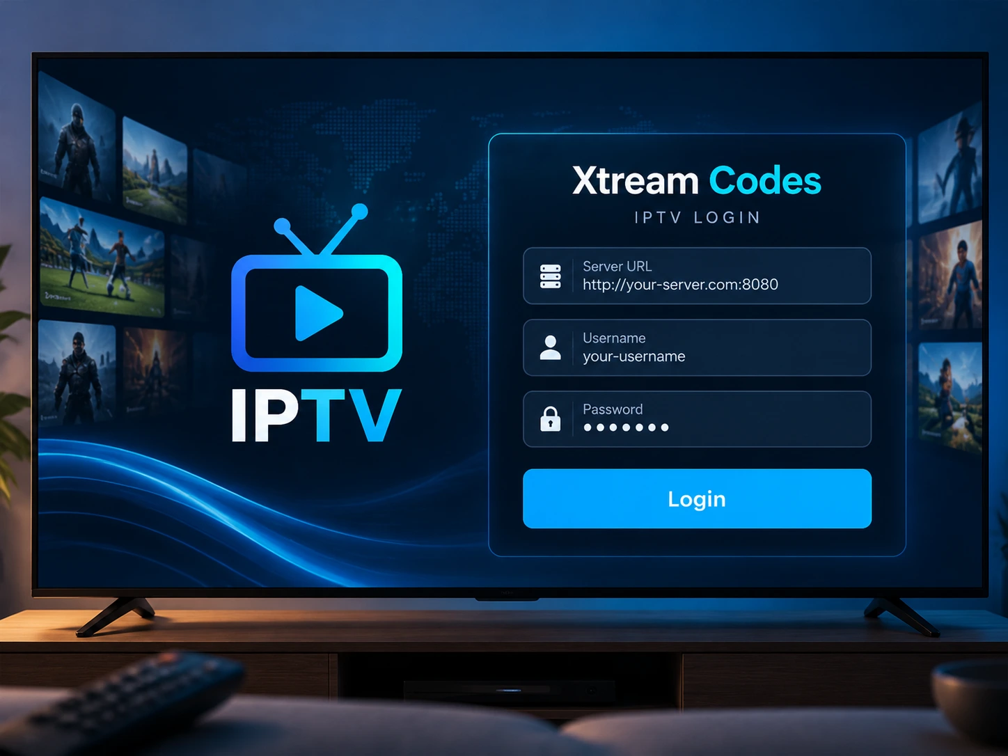 Xtream Codes login screen with server URL, username and password